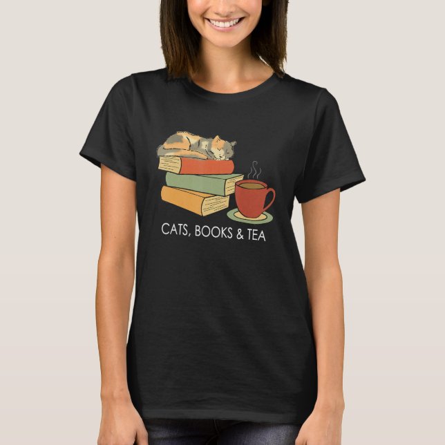Camiseta With Cats Books And Tea   Reading (Anverso)