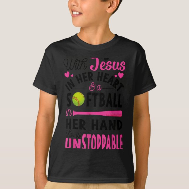 Camiseta With Jesus In Her Heart And A Softball She Is Unst (Anverso)