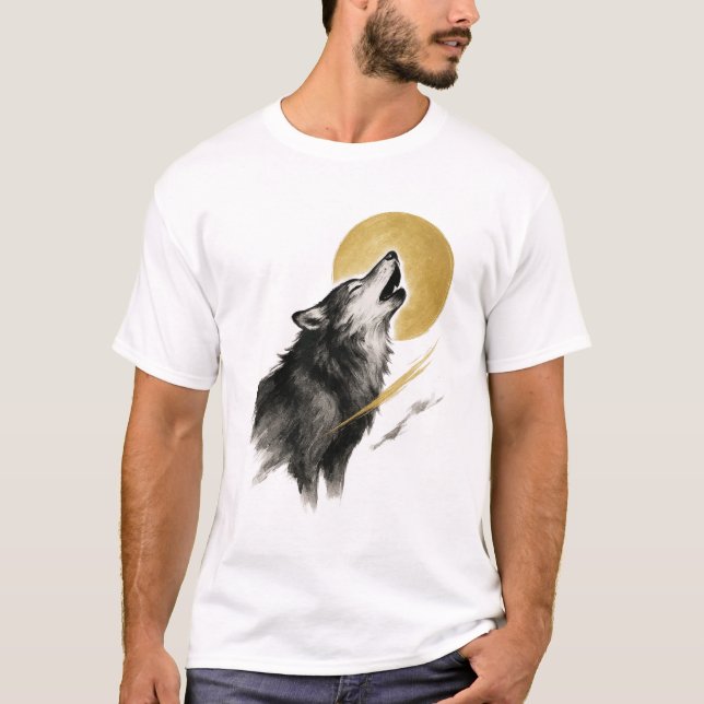 Camiseta 【Wolf and Moon Japanese Ink Art T-Shirt】 (Anverso)