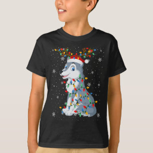 Camiseta Wolf Animal Santa Hat Ugly Christmas Tree Light