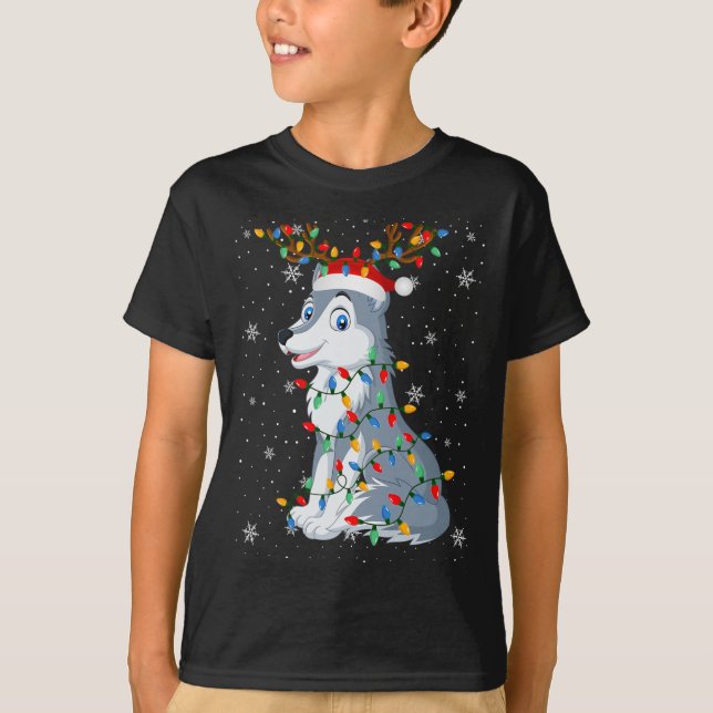 Camiseta Wolf Animal Santa Hat Ugly Christmas Tree Light (Anverso)