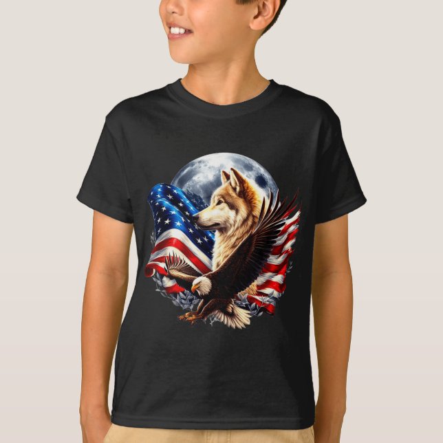 Camiseta Wolf Bald Eagle American Flag Full Moon New Years  (Anverso)