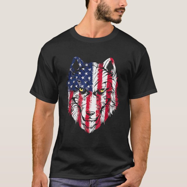 Camiseta Wolf Bandera Estadounidense Usa 4 De Julio Hombres (Anverso)