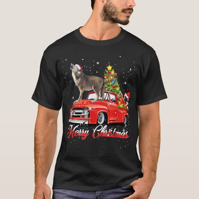 Camiseta Wolf Christmas Tshirt Wolf Dog Riding Red Truck Ch (Anverso)