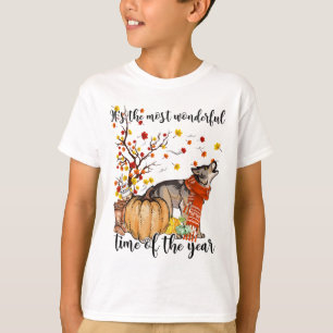 Camiseta Wolf Dog Fall Pumpkins Autumn Leaf Tree