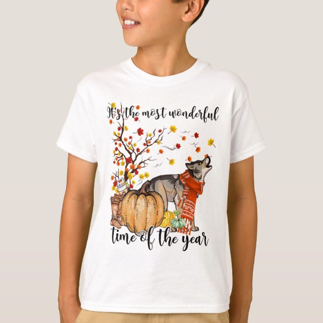 Camiseta Wolf Dog Fall Pumpkins Autumn Leaf Tree (Anverso)