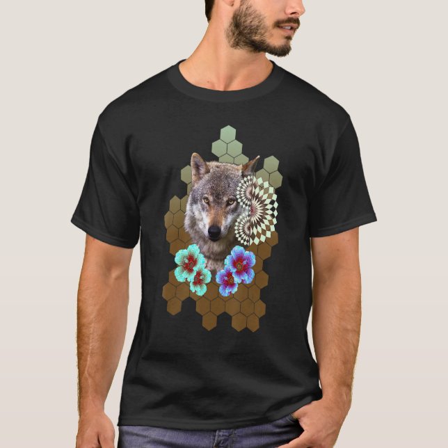 Camiseta Wolf Floral Flower Alien Honeycomb Olive to Brown  (Anverso)
