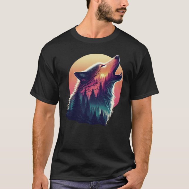Camiseta Wolf gritando en la luna Nocturna el bosque de la  (Anverso)