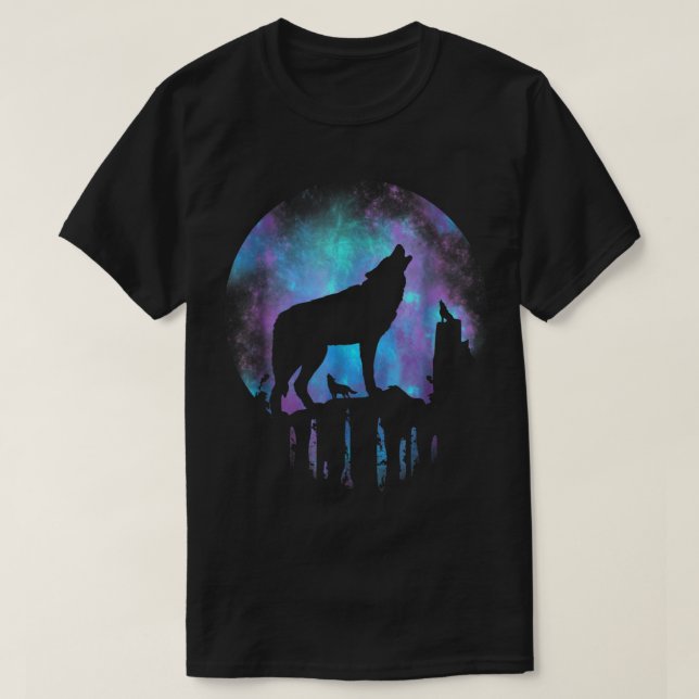 Camiseta Wolf Howling at Galaxy Moon Art (Diseño del anverso)