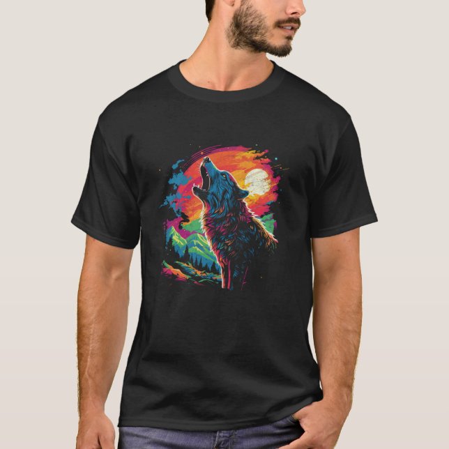 Camiseta Wolf Howling En La Luna Brillantes Hombres De La N (Anverso)