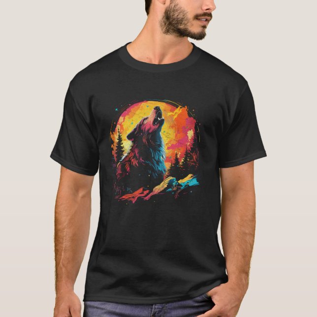 Camiseta Wolf Howling En La Luna Brillantes Hombres De La N (Anverso)