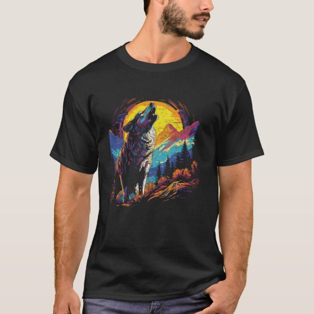 Camiseta Wolf Howling En La Luna Brillantes Hombres De La N (Anverso)
