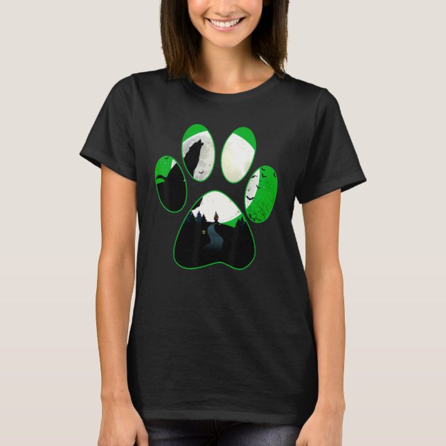 Camiseta Wolf Howling En Moon Green Dog Paw Halloween (Anverso)