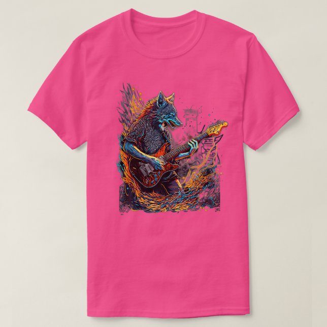 Camiseta Wolf Jugando rock de guitarra eléctrica (Diseño del anverso)