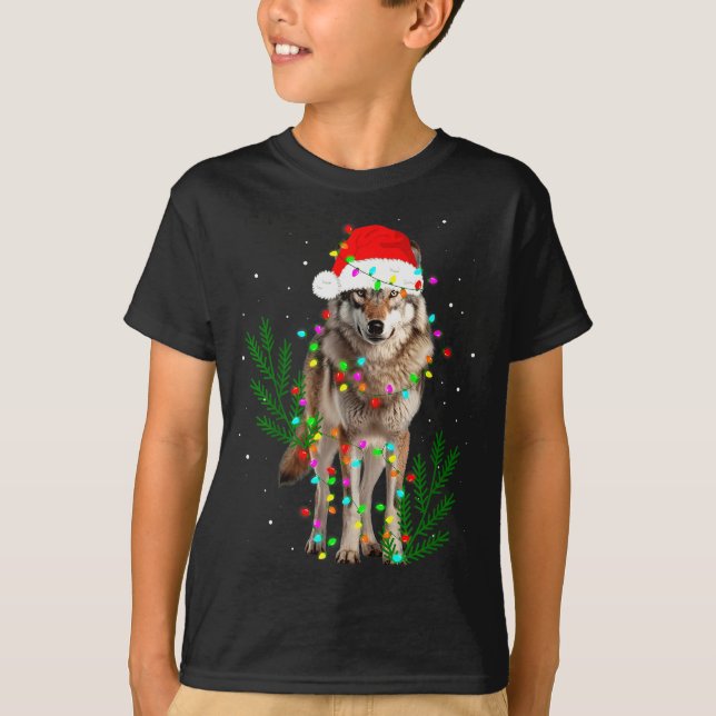 Camiseta Wolf Santa Hat Christmas Lights Wolf Lover Animal  (Anverso)