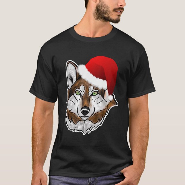 Camiseta Wolf Santa Hat Navidades Camisas De Manga Larga Pa (Anverso)