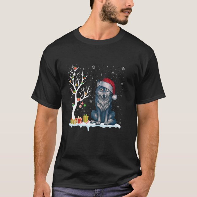 Camiseta Wolf Santa Hat Navidades de luz de árbol festivo P (Anverso)