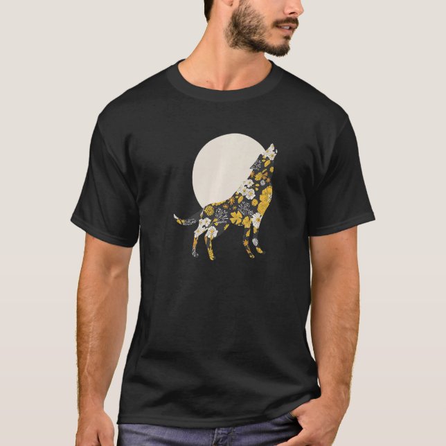Camiseta Wolf Silhouette Flower Pattern Amigos del perro (Anverso)