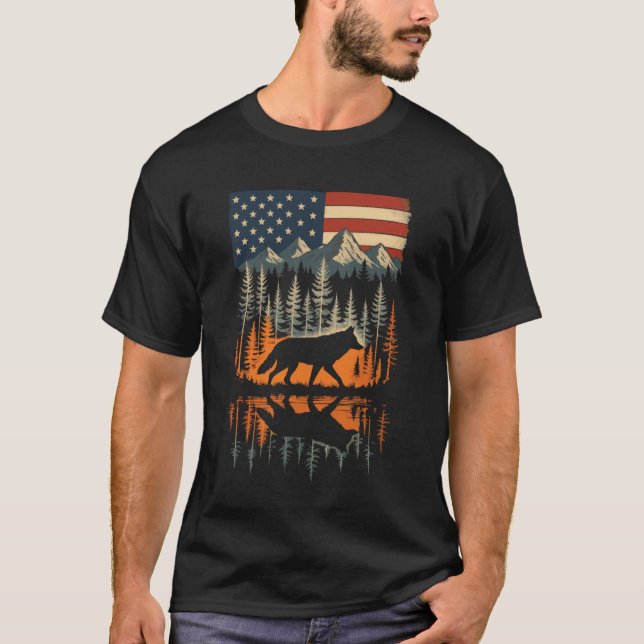 Camiseta Wolf USA Flag Mountain Outdoor Wildlife Retro (Anverso)