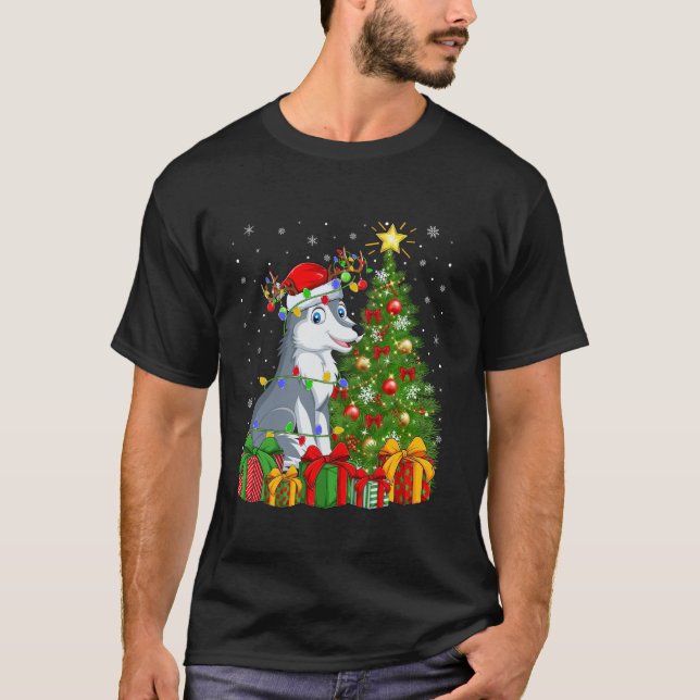 Camiseta Wolf Xmas Tree iluminando a Navidades de Lobo de S (Anverso)