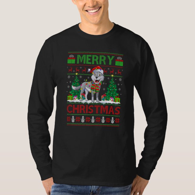 Camiseta Wolf  Xmas Tree Lights Ugly Santa Wolf Christmas (Anverso)