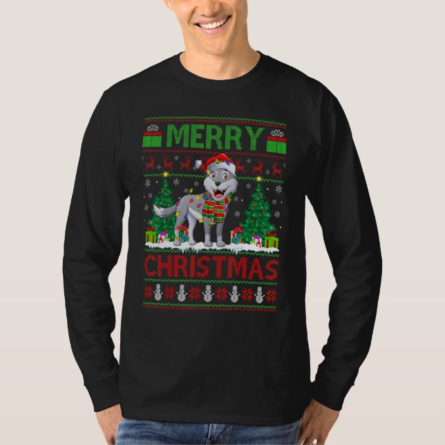 Camiseta Wolf   Xmas Tree Lights Ugly Santa Wolf Christmas (Anverso)