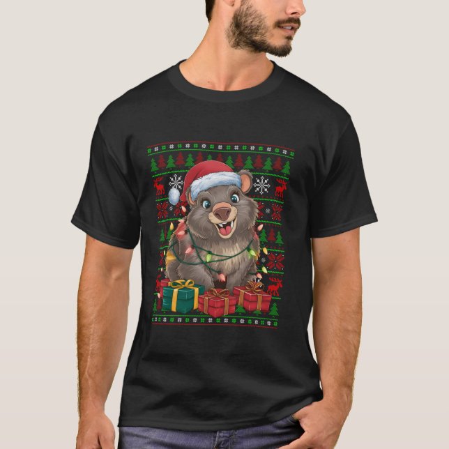 Camiseta Wombat Xmas enciende feos Navidades de Santa Hat W (Anverso)