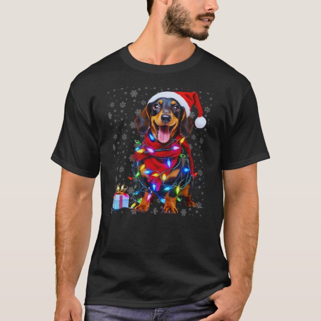 Camiseta Women Christmas Dachshund Dog Santa Light ugly xma (Anverso)