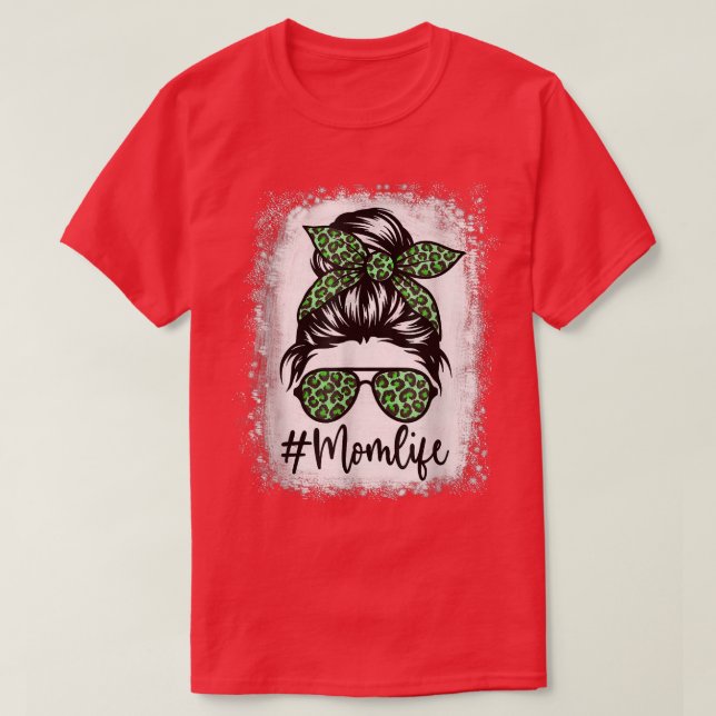 Camiseta Women Mom Life Bleached Leopard Messy Bun St Patri (Diseño del anverso)