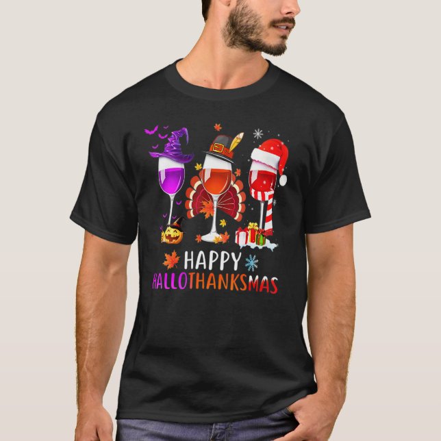 Camiseta Women Wine Glass Thankgiving  Wine Happy Hallothan (Anverso)