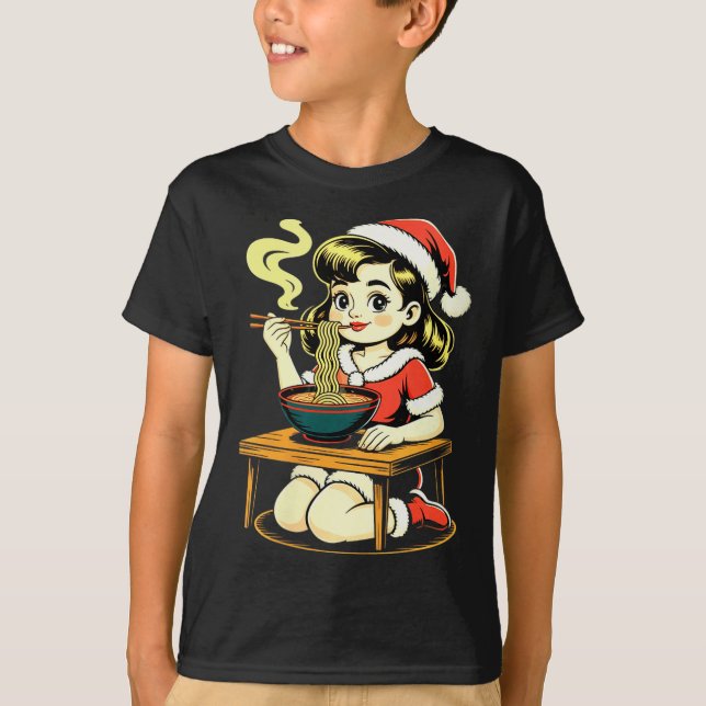 Camiseta Womens Anime Ramen Xmas Kawaii Santa Girl Eating J (Anverso)