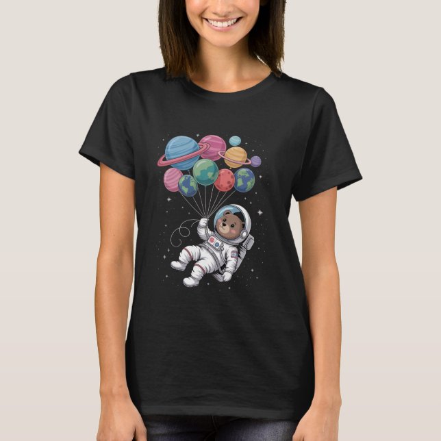 Camiseta Womens Astronaut Bear Holding Planet Balloons Oute (Anverso)