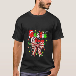 Camiseta Womens Bestie Claus Coquette Bow Candy Cane Santa 