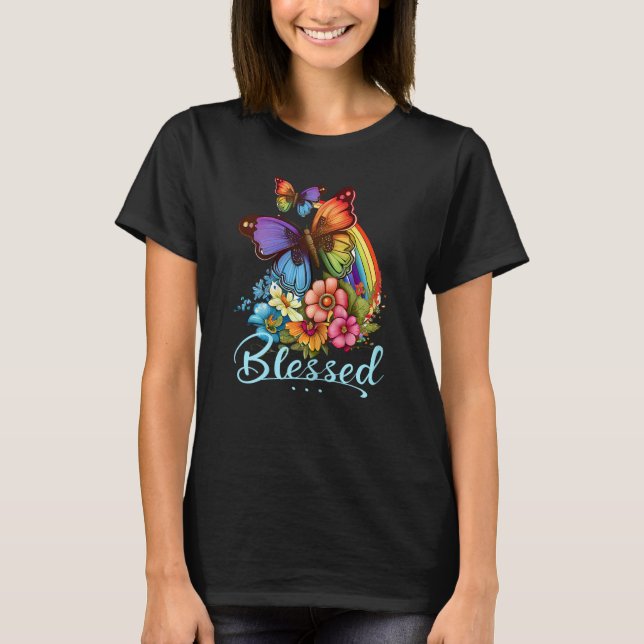 Camiseta Womens Blessed Christian Butterfly Pretty Floral R (Anverso)