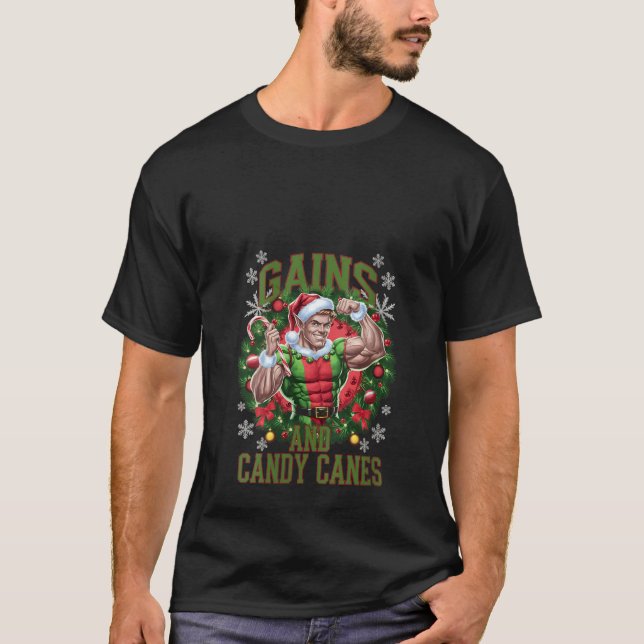Camiseta Womens Christmas Elf Gym Workout Gains and Candy C (Anverso)