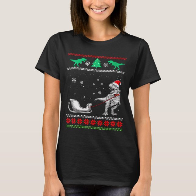 Camiseta Womens Dinosaur Sleigh Merry Christmas Ugly Christ (Anverso)