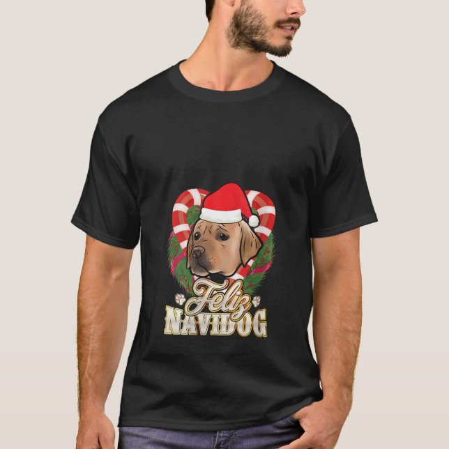 Camiseta Womens Feliz Navidog Labrador With Santa Claus Hat (Anverso)