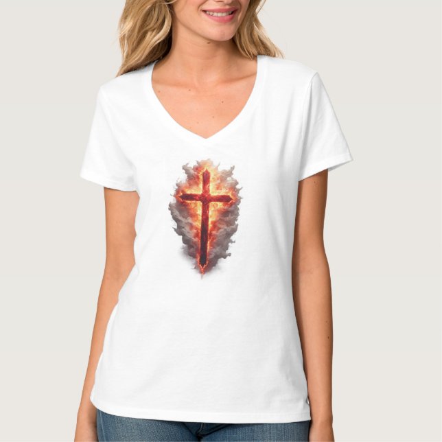 Camiseta Women's Flaming Christian Cross V-Neck Tee (Anverso)
