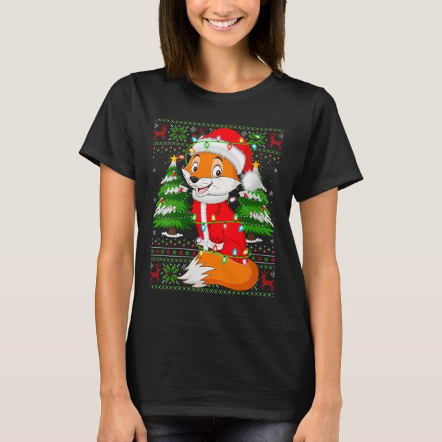 Camiseta Womens Fox Christmas Lights Santa Costume Ugly Xma (Anverso)