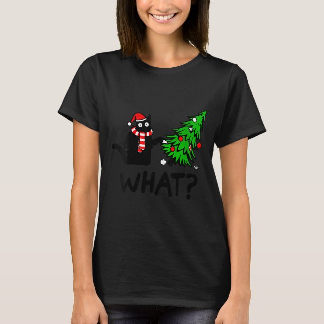 Camiseta Womens Funny Black Cat Gift Pushing Christmas Tree (Anverso)