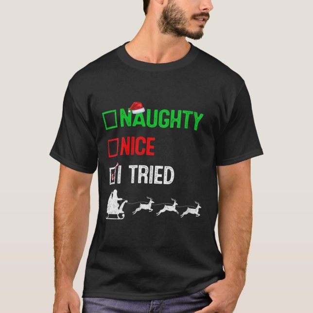 Camiseta Womens Funny Nice Naughty I Tried Ugly Christmas S (Anverso)