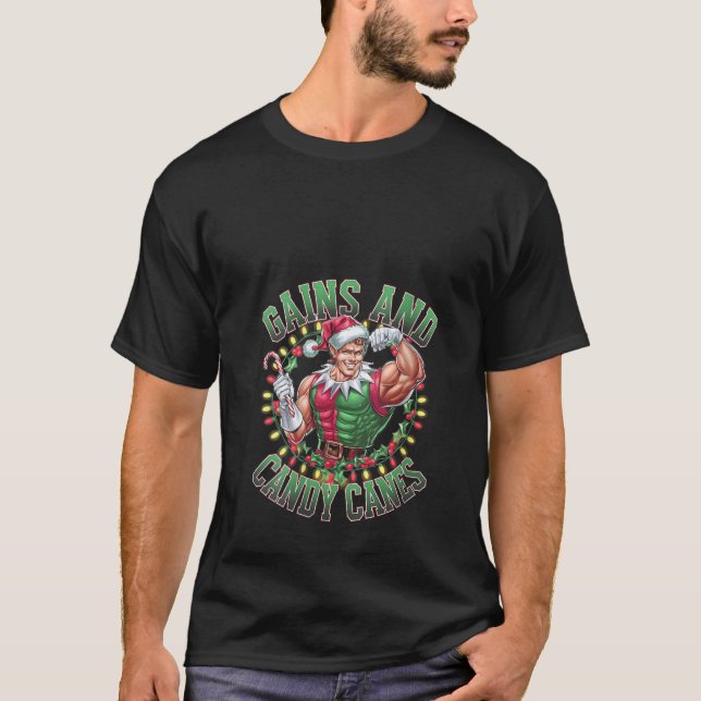 Camiseta Womens Gains and Candy Canes Funny Christmas Elf G (Anverso)