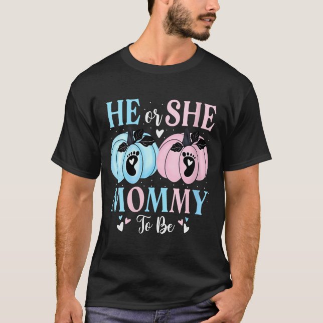 Camiseta Womens Halloween Pumpkin Gender Reveal He Or She M (Anverso)