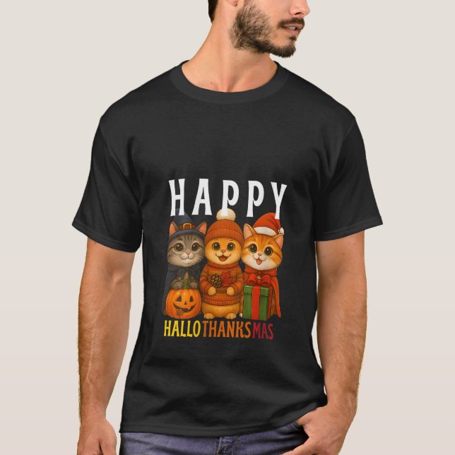 Camiseta Womens Happy Hallothanksmas Cats Halloween Thanksg (Anverso)