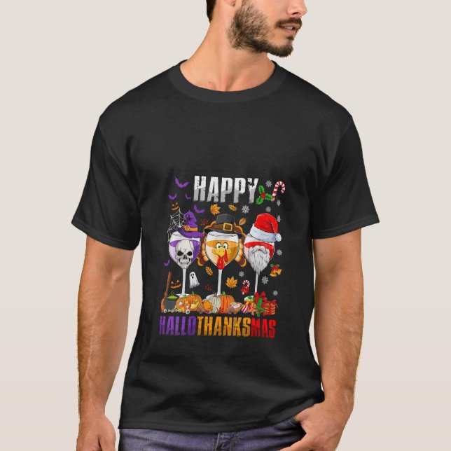 Camiseta Womens Happy Hallothanksmas Wine Halloween Thanksg (Anverso)