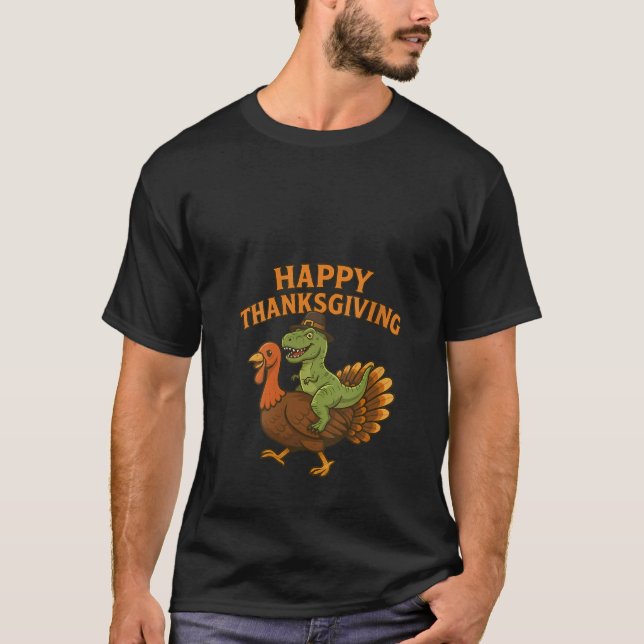 Camiseta Womens Happy Thanksgiving Dinosaur Turkey Pilgrim  (Anverso)