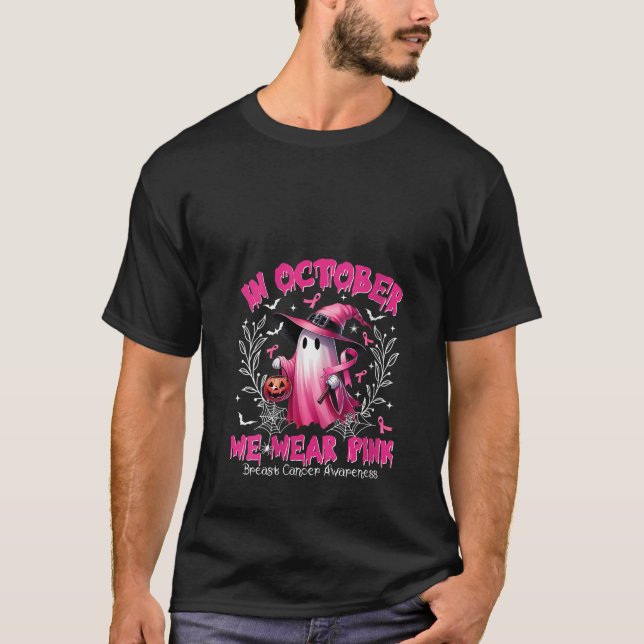 Camiseta Womens In October We Wear Pink Ghost Witch Breast  (Anverso)