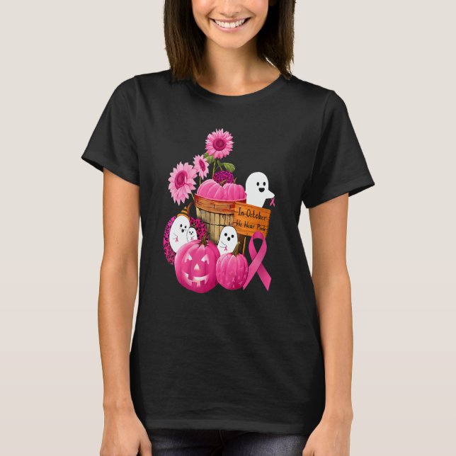 Camiseta Womens In October We Wear Pink Ghosts & Pumpkins F (Anverso)