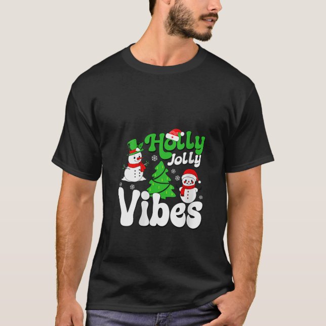 Camiseta Womens Jolly Vibes Retro Snowman Christmas V Neck  (Anverso)