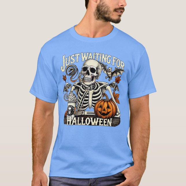 Camiseta Womens Just Waiting For Halloween Skeleton Coffee  (Anverso)